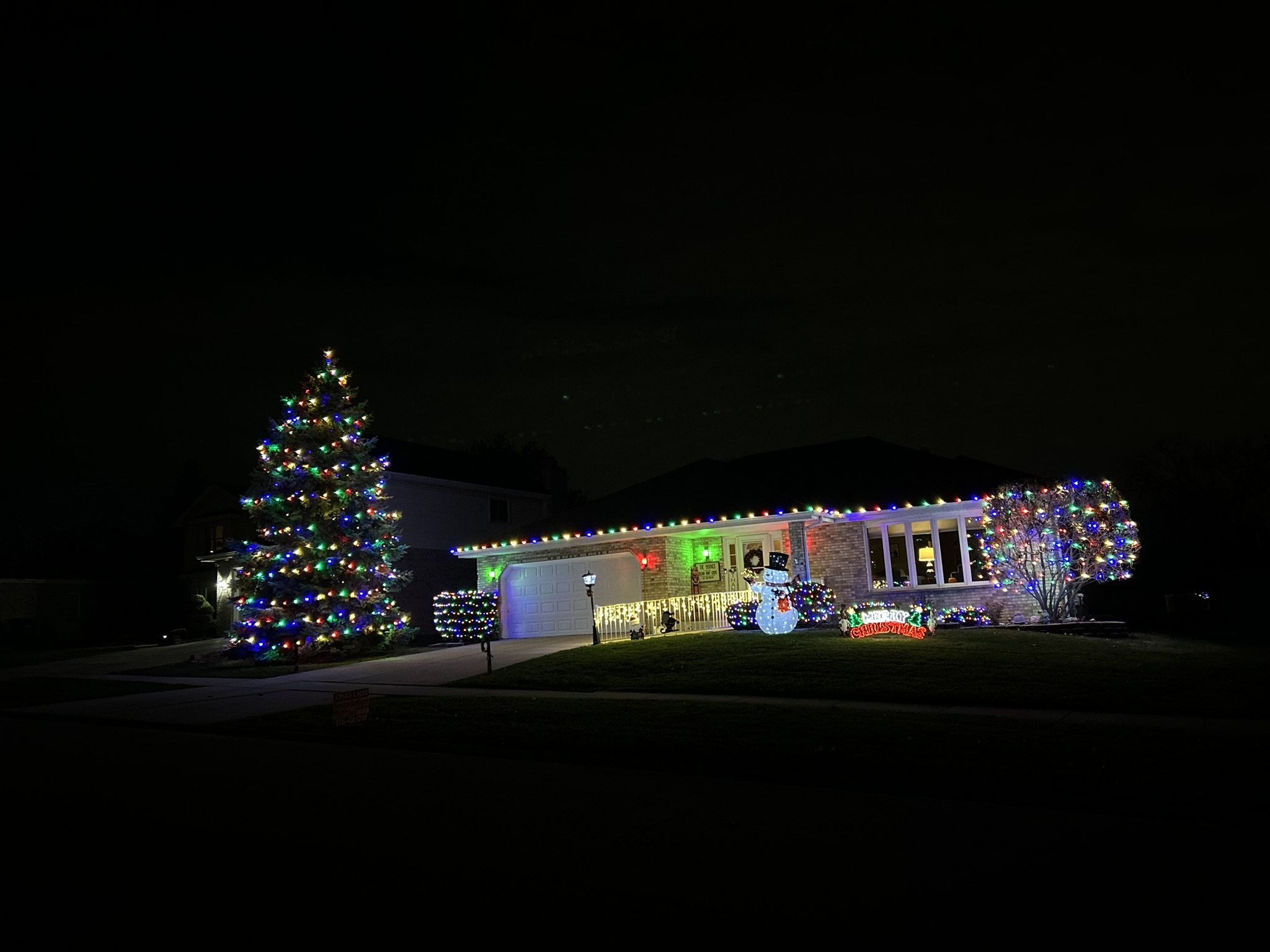Multicolor Christmas lights across a home roofline and a tall front yard tree